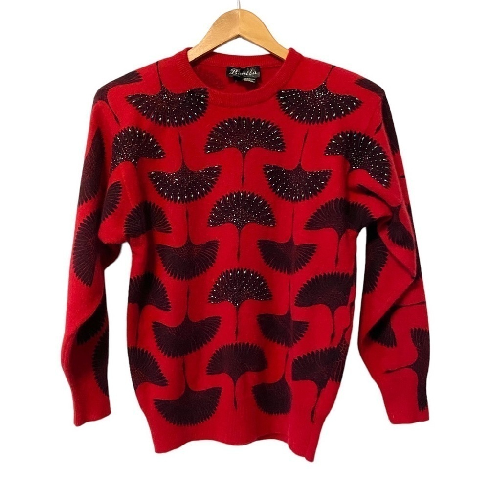 Vintage Red Angora Sweater Womens Small Embellished Beaded Lambswool Bird Crane